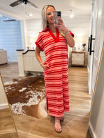 Load image into Gallery viewer, Out And About Red/Pink Stripe Polo Maxi Dress
