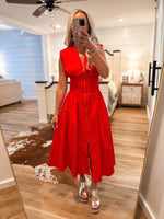Load image into Gallery viewer, American Girl Red Polka Dot Front Zip Midi Dress
