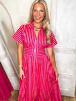 Load image into Gallery viewer, Fading Memory Red/Pink Stripe Front Zip Midi Dress
