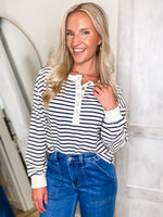 Load image into Gallery viewer, Almost Late Ivory &amp; Navy Stripe L/S Henley
