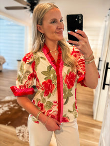 Garden Tea Party Pink Floral Contrast Blouse