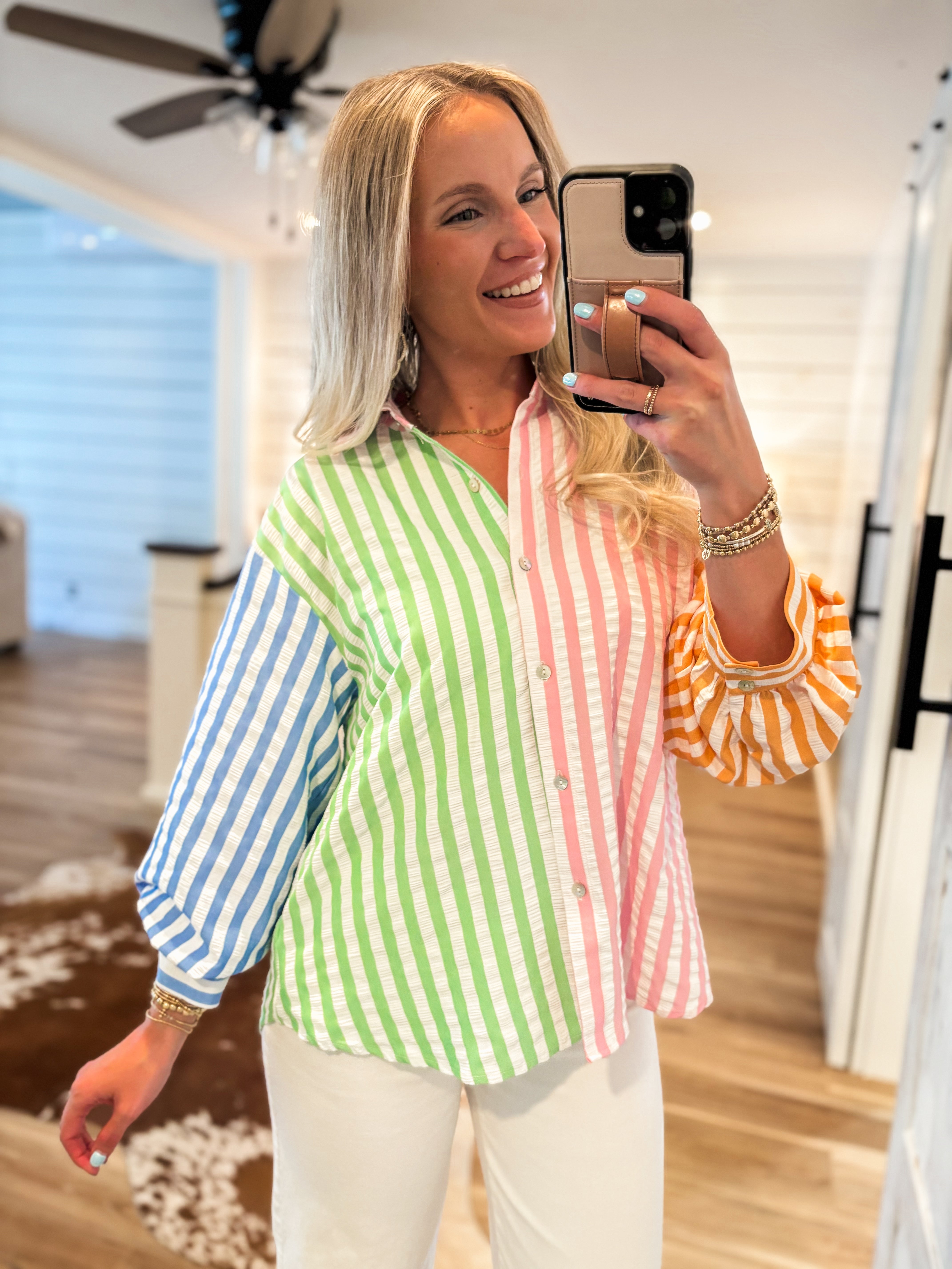 Want You To Know Stripe Color Block Button Down Blouse