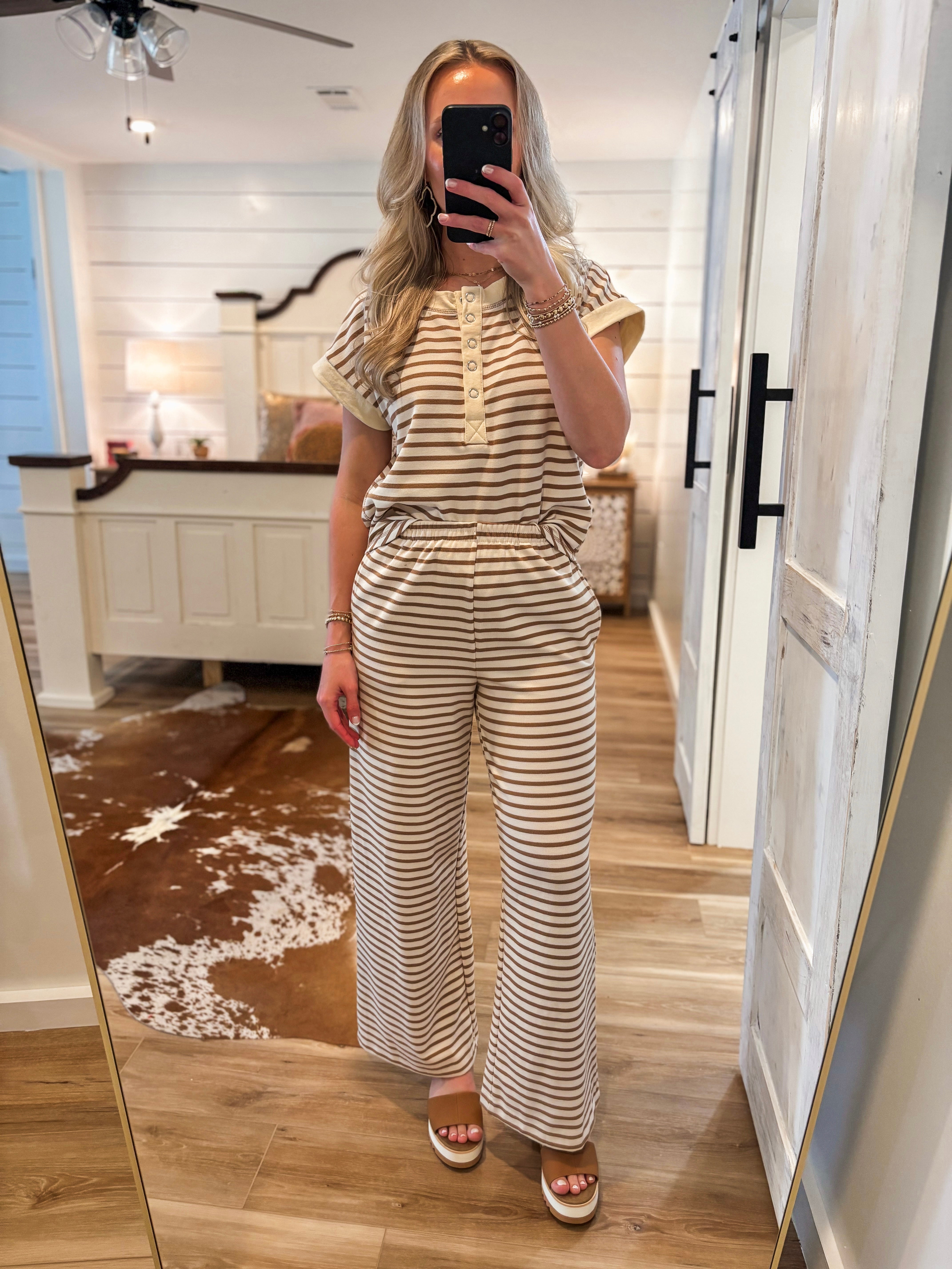 Needed You Taupe Stripe Henley Top & Lounge Pant Set