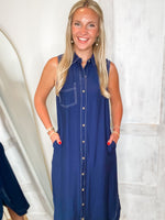 Load image into Gallery viewer, Left To Chance Navy Button Down Midi Dress
