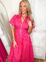 Load image into Gallery viewer, Fading Memory Red/Pink Stripe Front Zip Midi Dress
