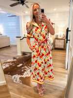 Load image into Gallery viewer, Walk In The Park Red/Yellow Floral Midi Dress

