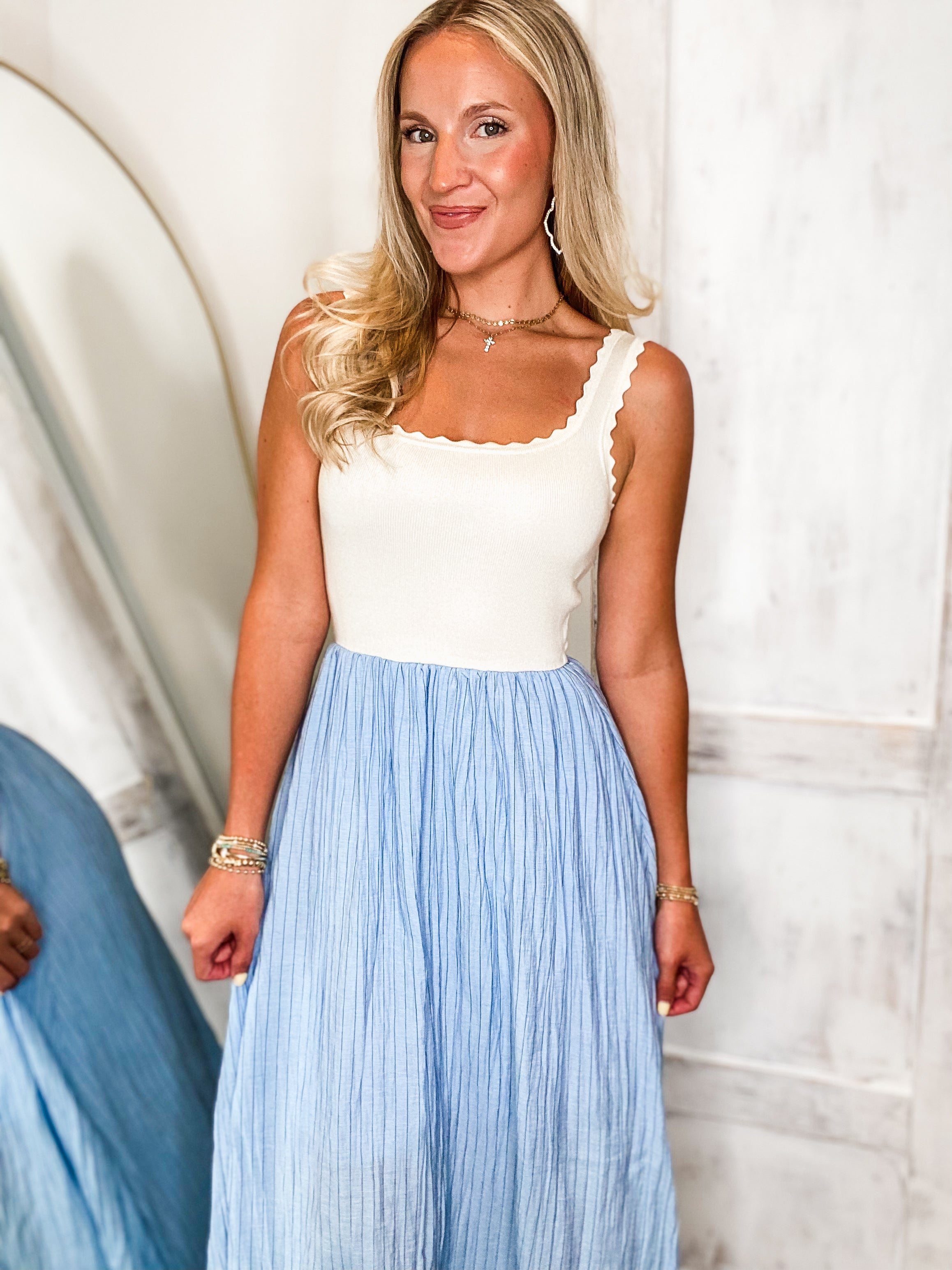 Above This Taupe & Blue Pin Stripe Midi Dress