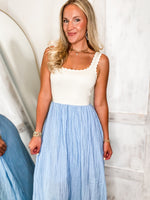 Load image into Gallery viewer, Above This Taupe &amp; Blue Pin Stripe Midi Dress
