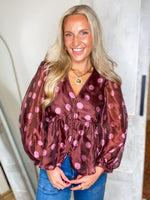 Load image into Gallery viewer, Brown/Pink Polka Dot Baby Doll Blouse
