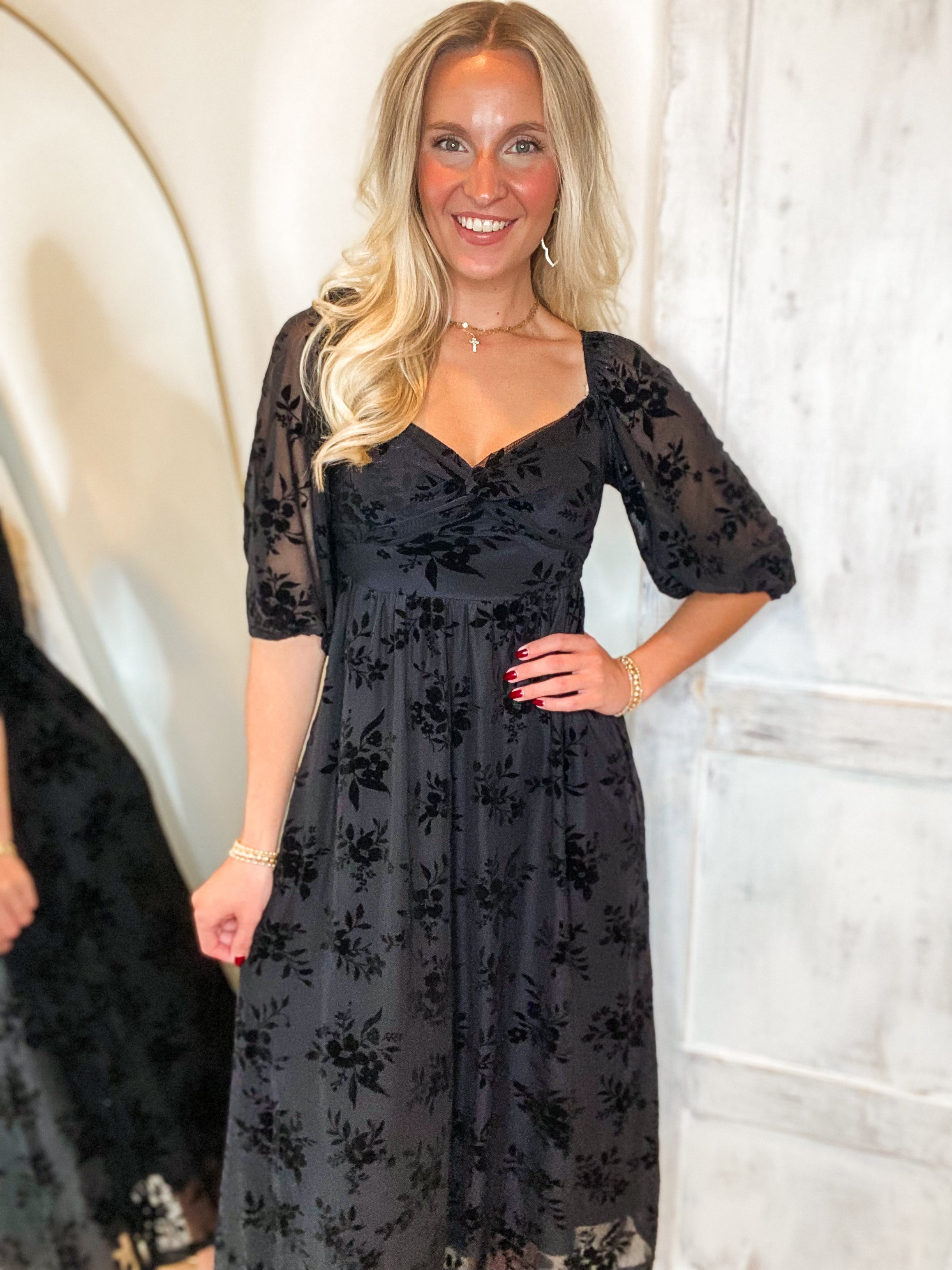 Along The Way Black Floral Velvet Midi Dress