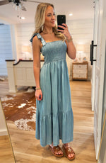 Load image into Gallery viewer, Giving In Light Denim Midi Dress
