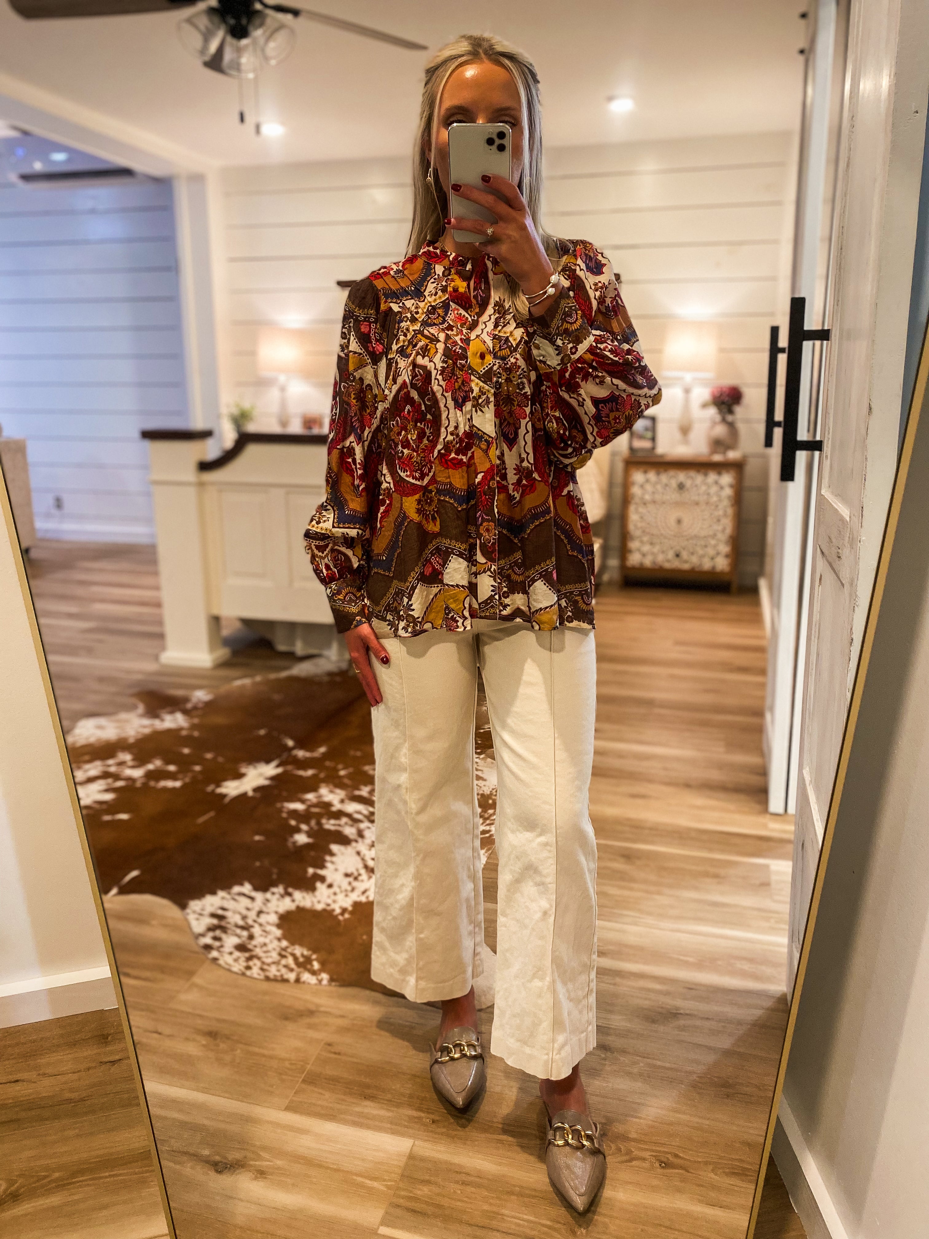 Kind Acts Brown Multi Printed Button Down Blouse