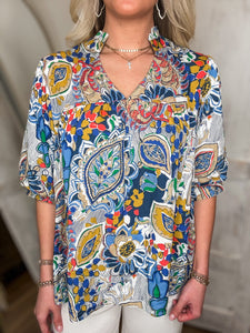Chase Me Navy Printed Mix Blouse