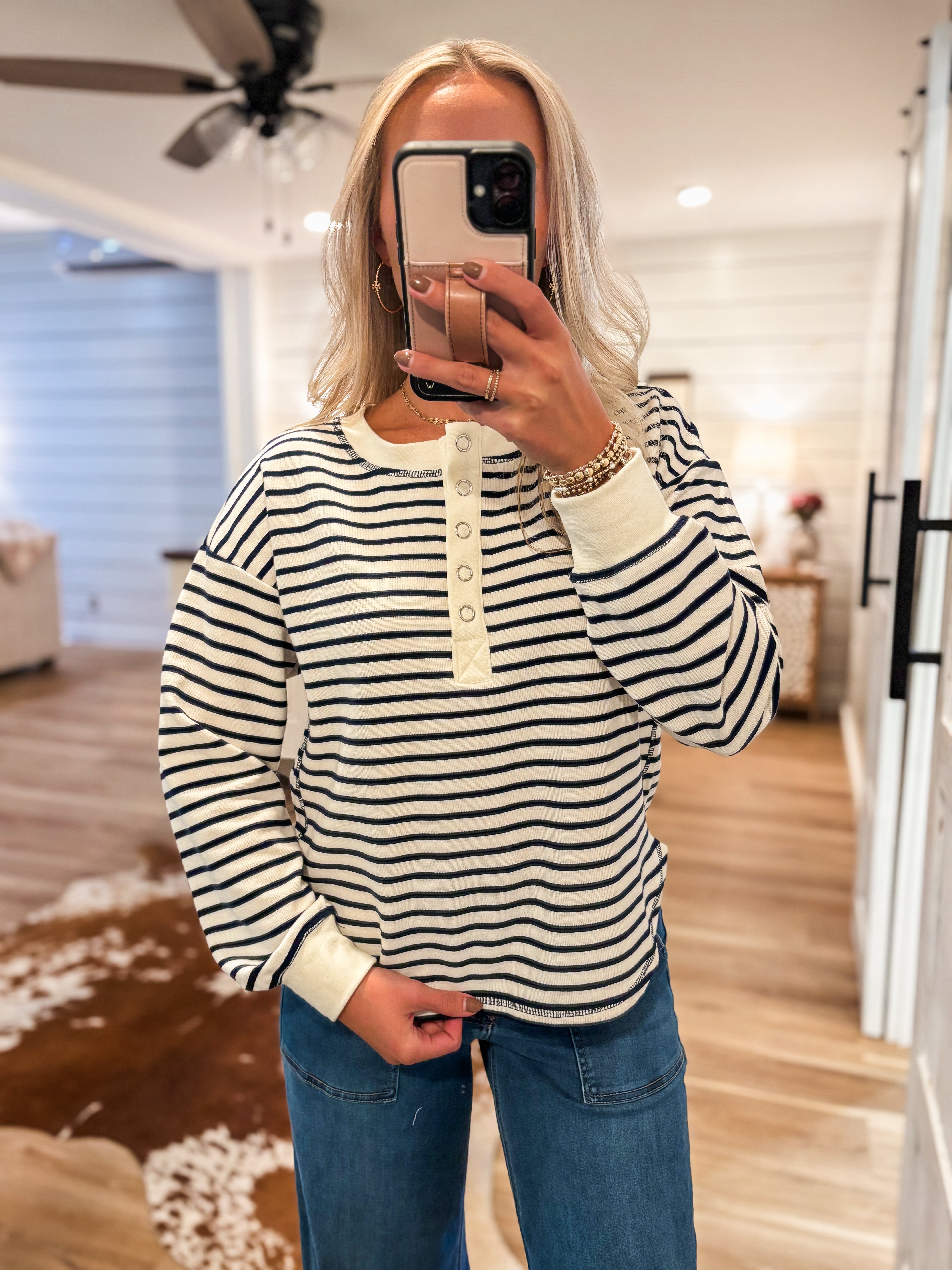 Almost Late Ivory & Navy Stripe L/S Henley
