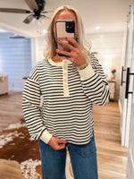Load image into Gallery viewer, Almost Late Ivory &amp; Navy Stripe L/S Henley
