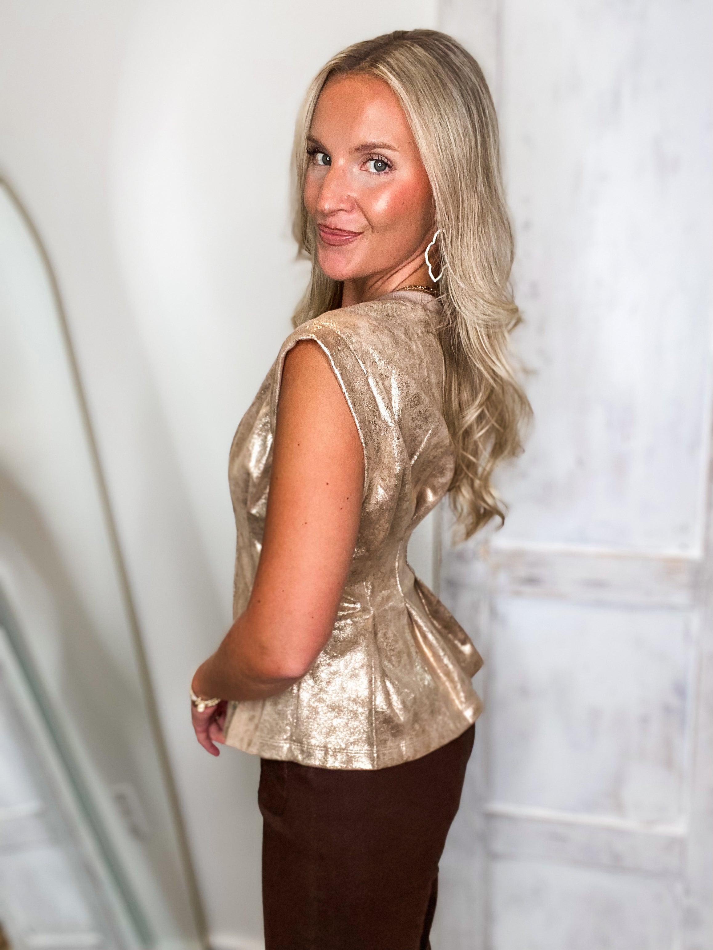 For Now Taupe Metallic Peplum S/S Blouse