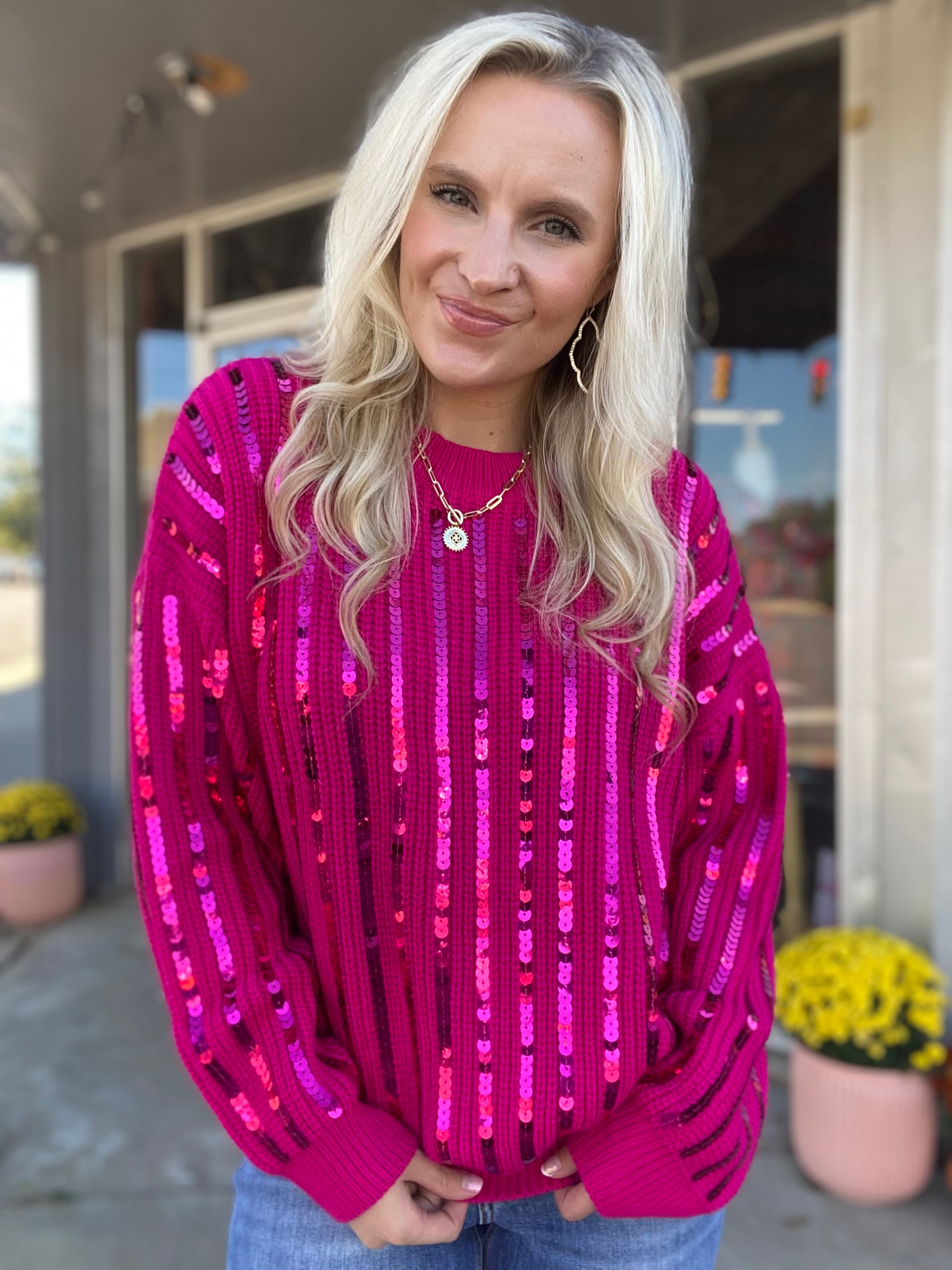 Won My Heart Fuchsia Knitted Sequin Sweater