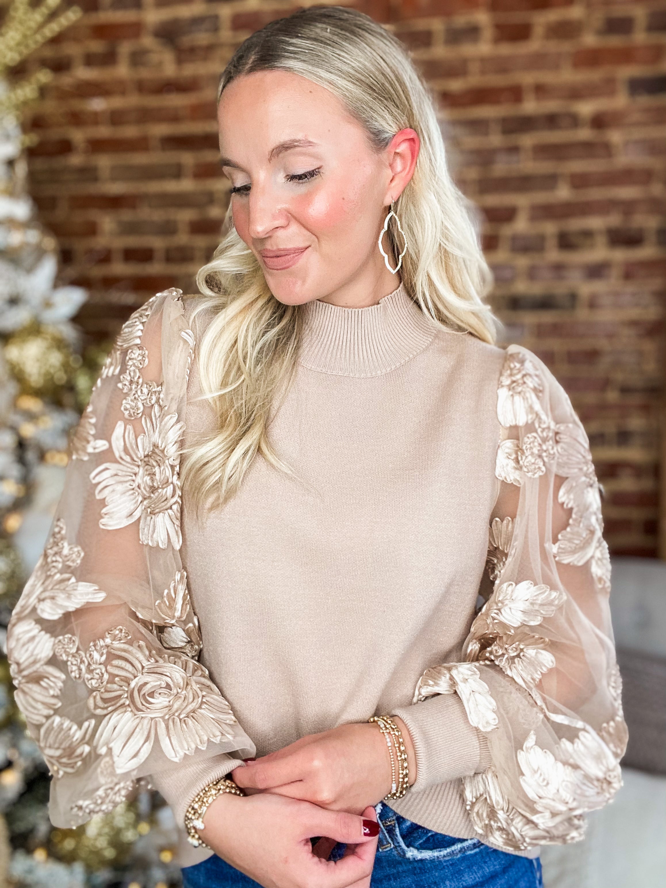 Never Too Soon Floral Sleeve Taupe Sweater