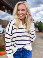 Load image into Gallery viewer, Raising The Bar Ivory &amp; Navy Chunky Knit Sweater
