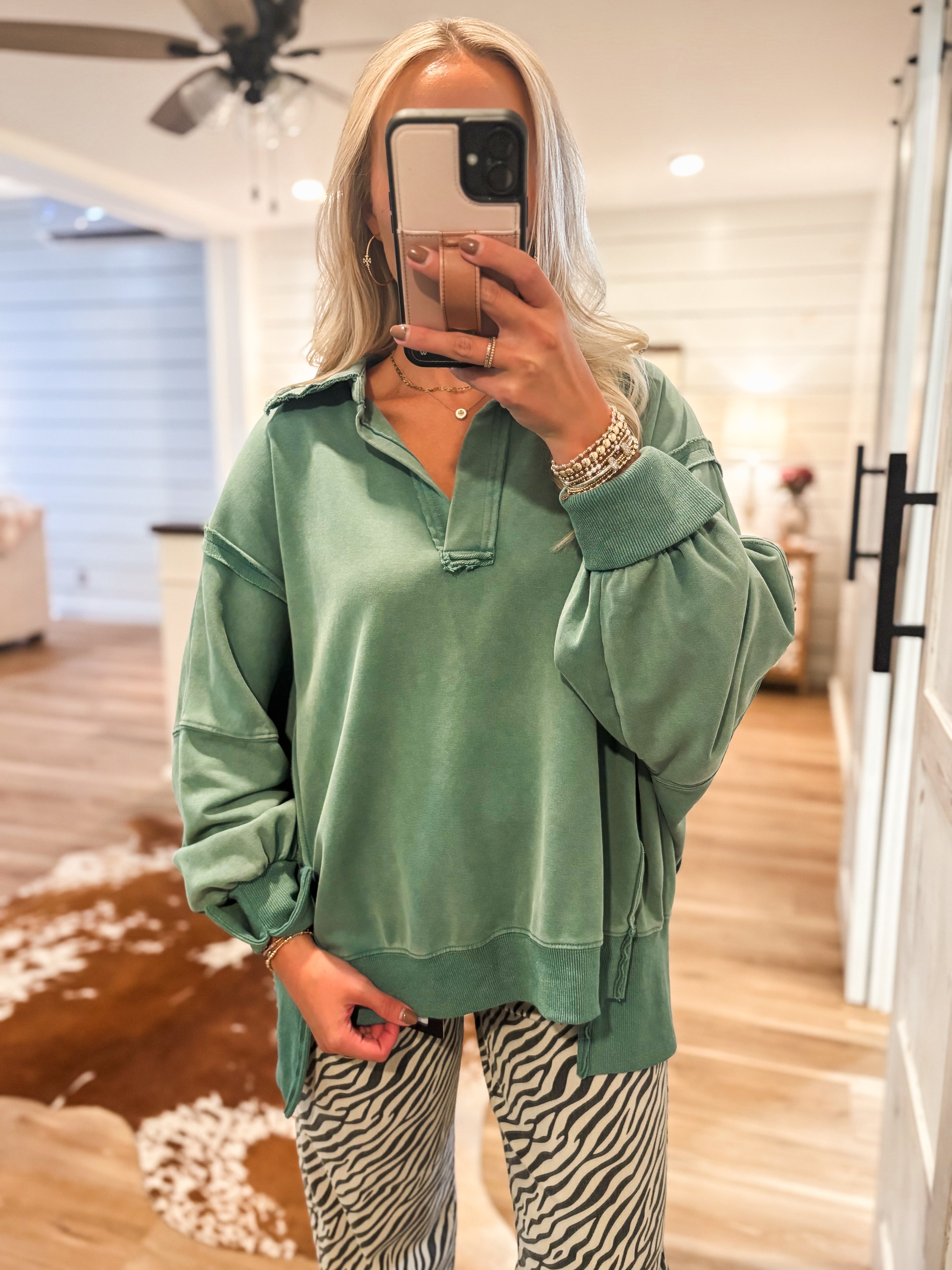 This Time Green Mineral Washed Pullover