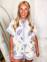 Load image into Gallery viewer, Venturing Out Royal Blue Printed S/S Button Up &amp; Shorts Set
