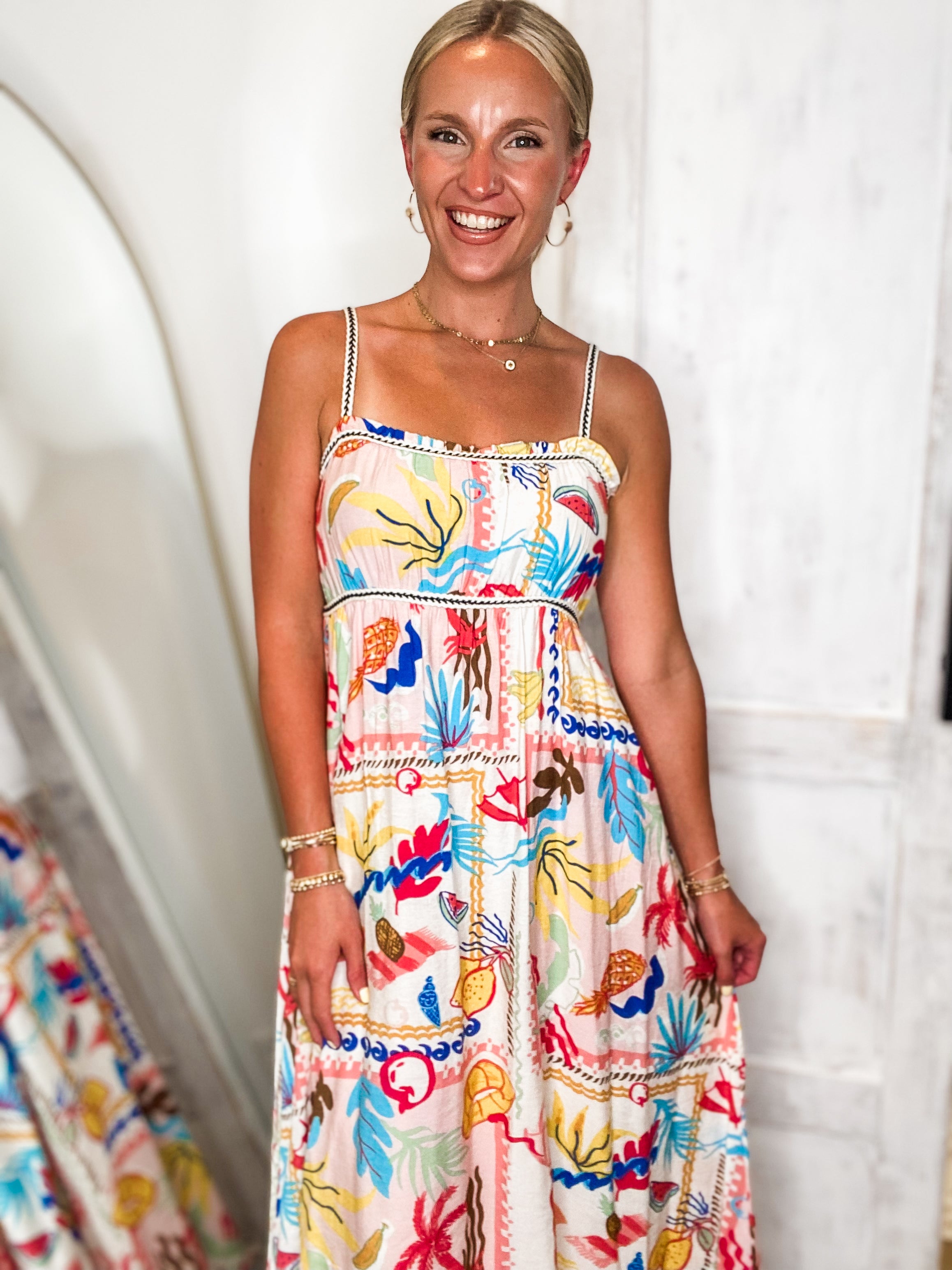 Salty Breeze Coral Tropical Printed Midi Dress