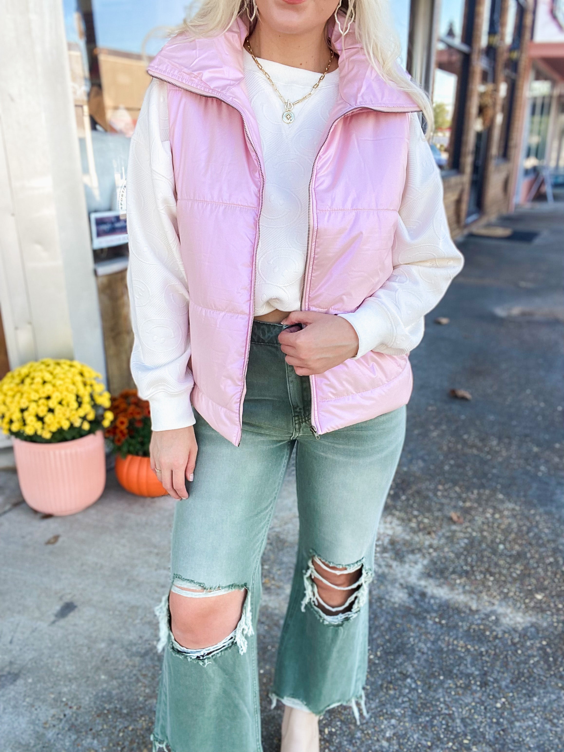 Forget About It Iridescent Powder Pink Puffer Vest