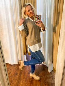 Different Perspective Taupe & White Collared Sweater Blouse