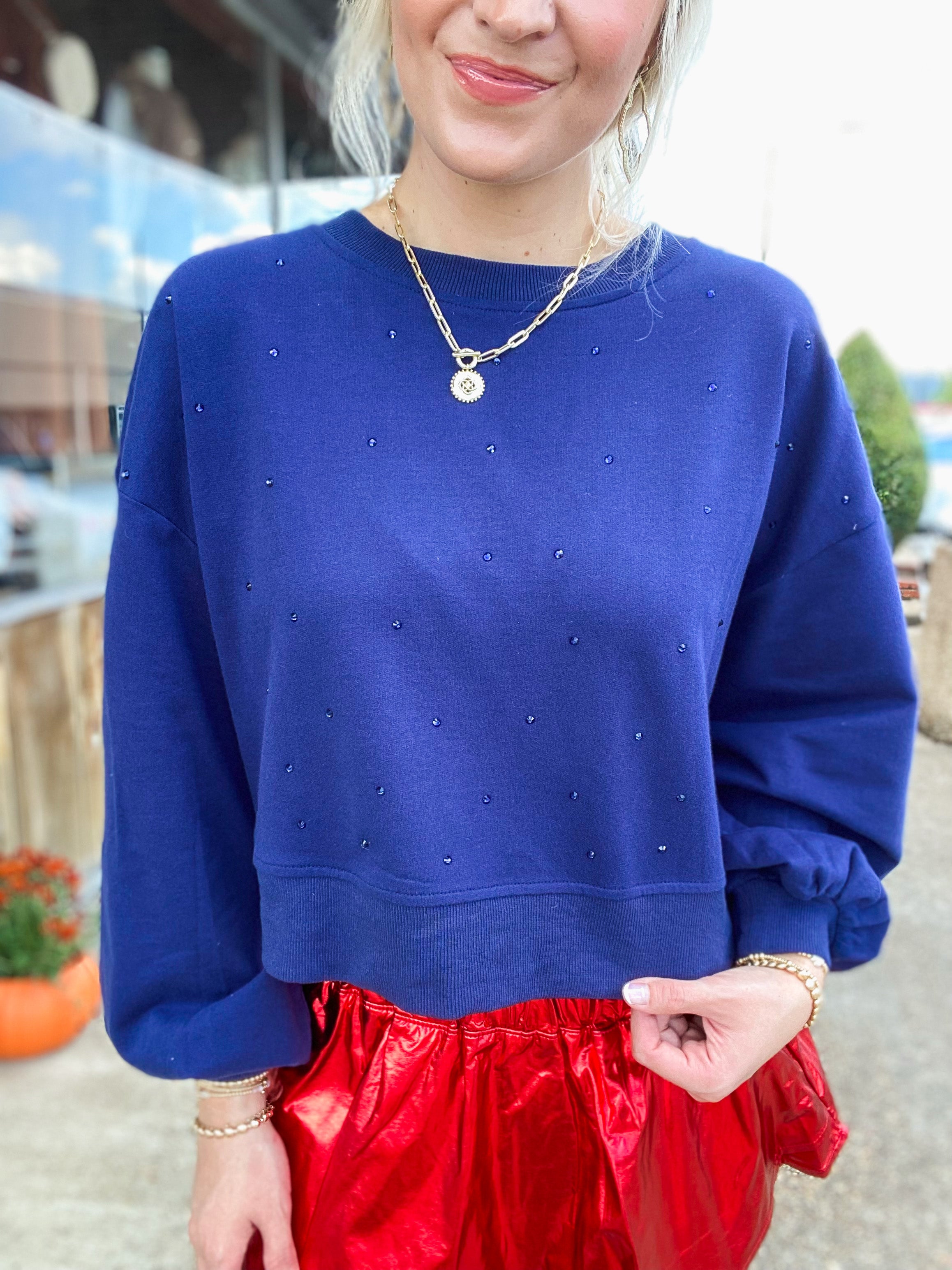 Dazzle In The Night Navy Studded Cropped Sweatshirt