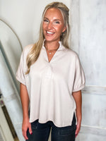 Load image into Gallery viewer, Proper Setting Almond Luxe Knit S/S Blouse
