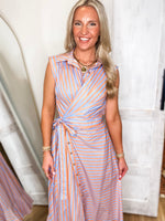 Load image into Gallery viewer, Caught Up Sherbert/Blue Stripe Wrap Midi Dress

