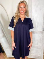 Load image into Gallery viewer, Be Back Navy S/S Luxe Knit Mini Dress
