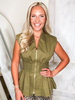 Load image into Gallery viewer, Same View Olive Zip Peplum Blouse
