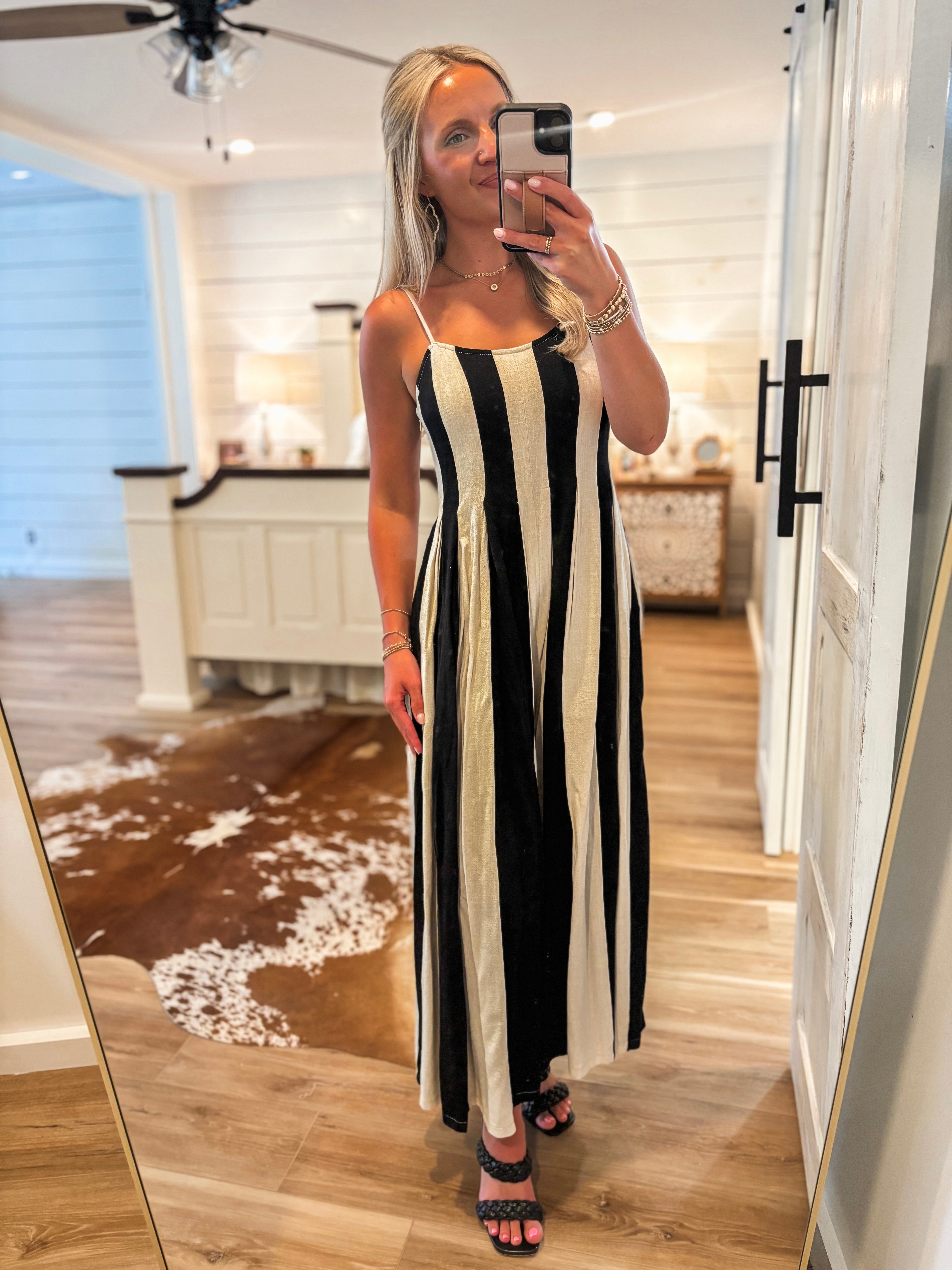 Time To Go Ivory & Black Stripe Linen Jumpsuit