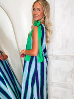 Load image into Gallery viewer, Coastal Vibes Blue-Green Stripe One Shoulder Maxi Dress
