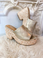 Load image into Gallery viewer, Solstice Gold Metallic Corkys Wedge Sandal
