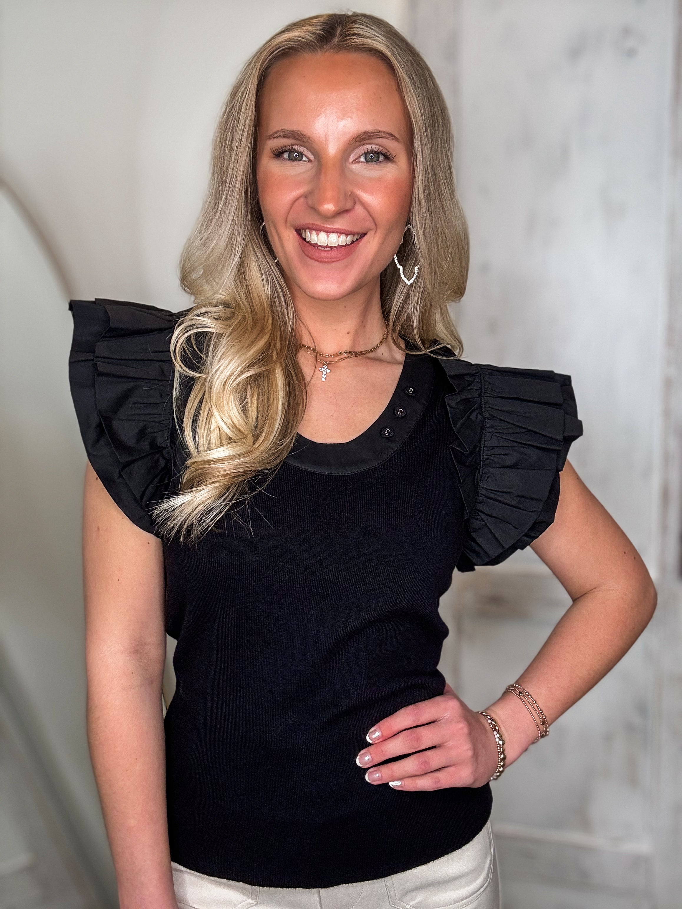 Next Move Black Flutter Sleeve Blouse