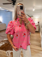Load image into Gallery viewer, Bright Skies Embroidered Bubblegum Floral Blouse
