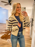 Load image into Gallery viewer, Bring It Oat &amp; Navy Stripe Knit Jacket
