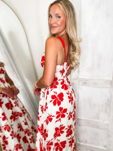 Never Left Red & Ivory Floral Midi Dress