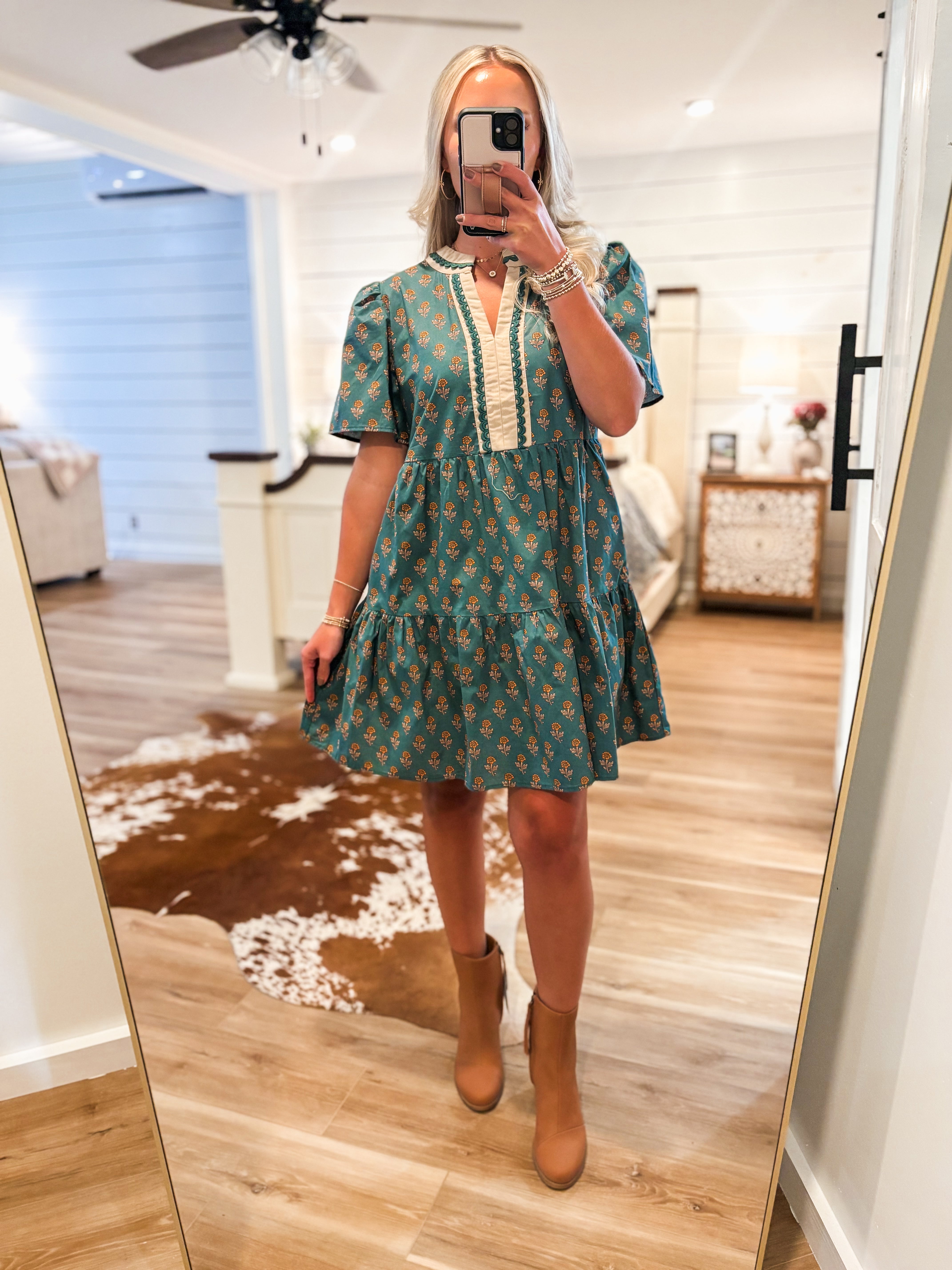In Harvest Teal Floral Mini Dress