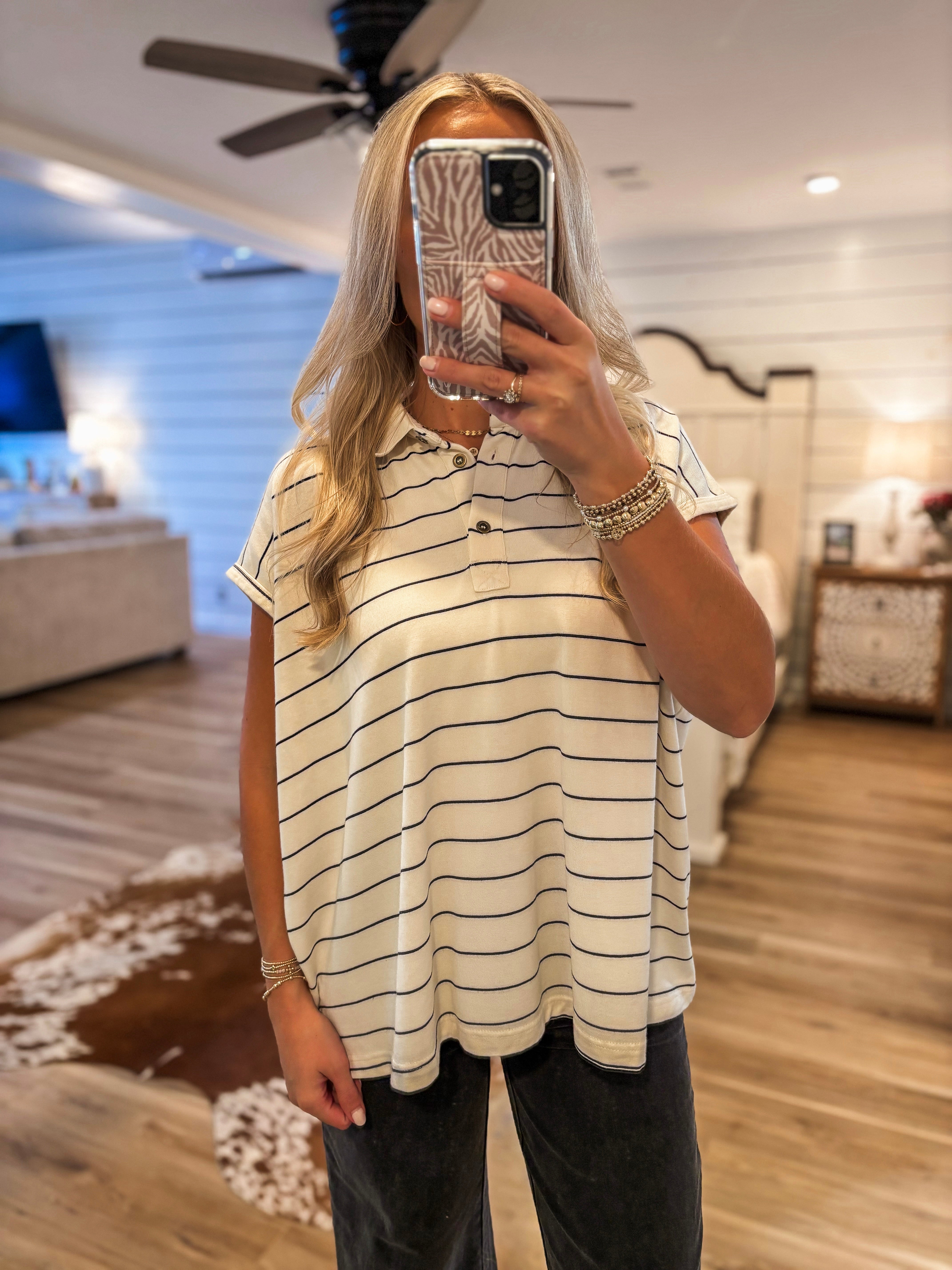 Keep Going White Stripe Polo Top