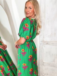 On The Rise Kelly Green Floral Midi Dress