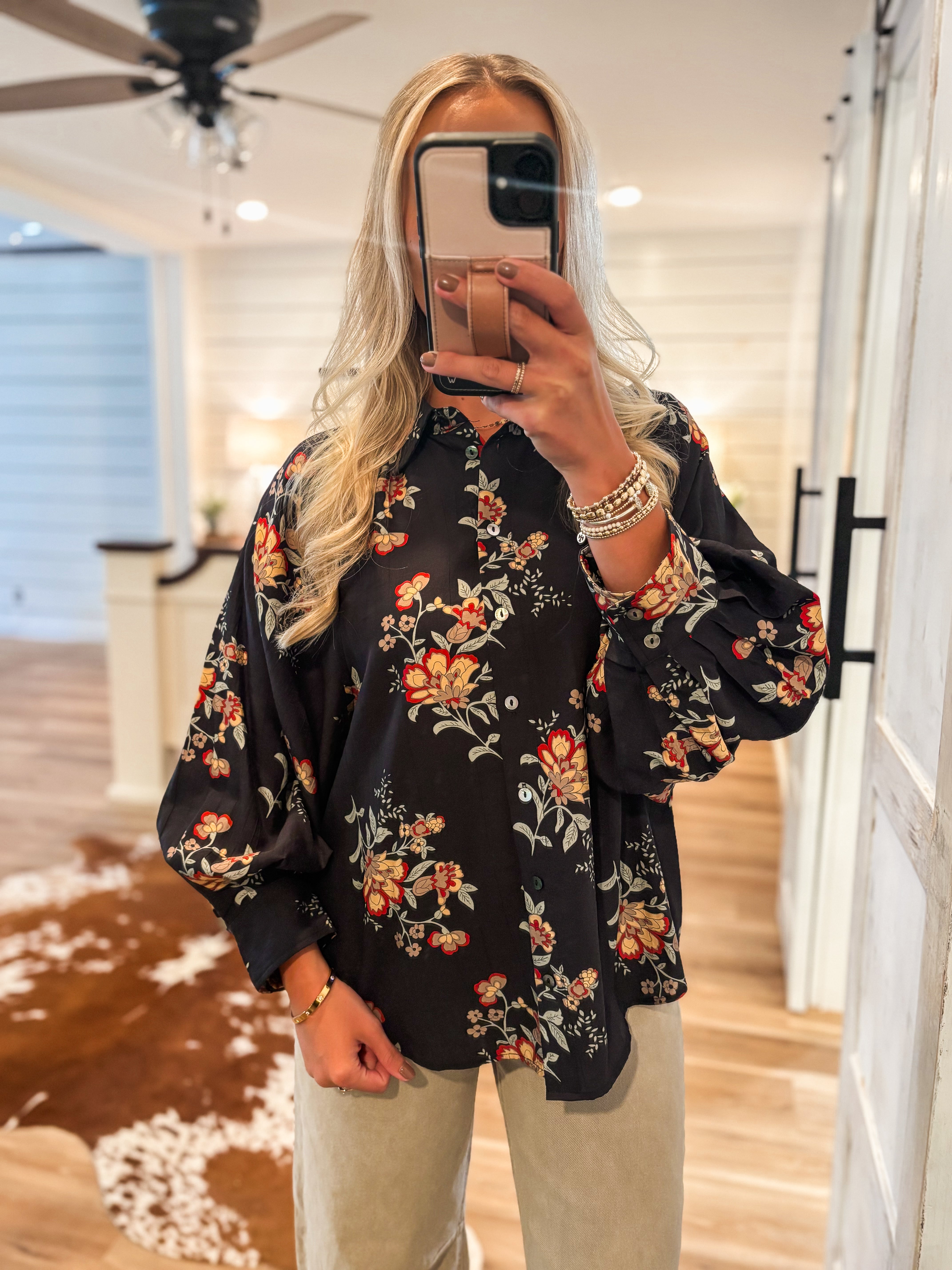 Today's Plan Black Floral L/S Blouse