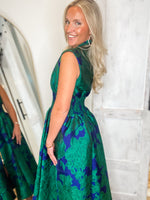 Load image into Gallery viewer, Classic Charm Royal Blue &amp; Green Floral Front Zip Midi Dress
