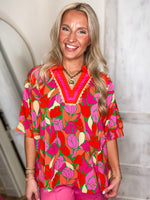 Load image into Gallery viewer, Beautiful Bouquet Red/Pink Floral Contrast Blouse
