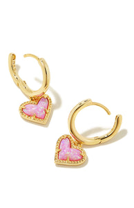 Ari Bubblegum Pink Kyocera Opal Heart Gold Huggie Earrings