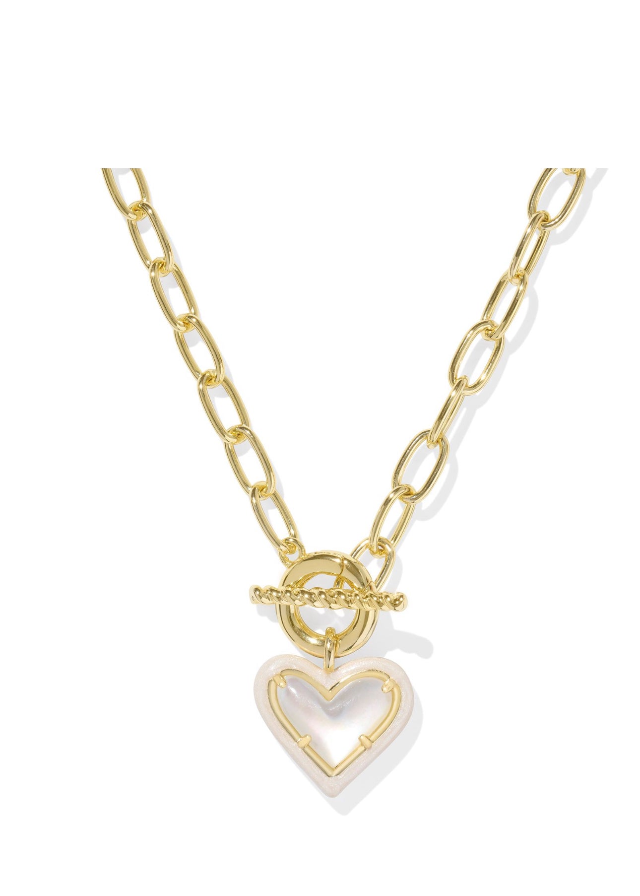 Ari Ivory Mother Of Pearl Heart Enamel Frame Gold Link Necklace