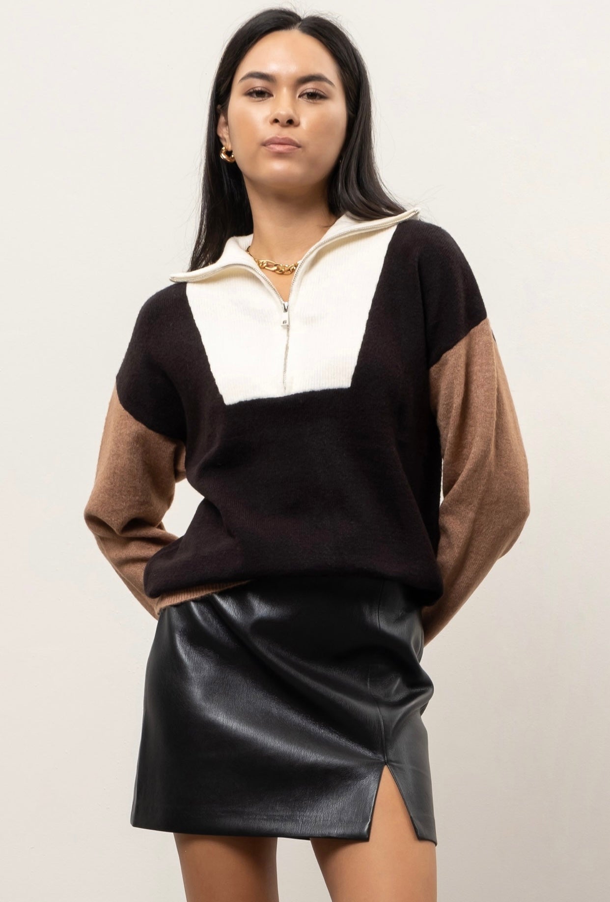 Don't Let Me Go Black & Mocha Colorblock Quarter Zip Pullover