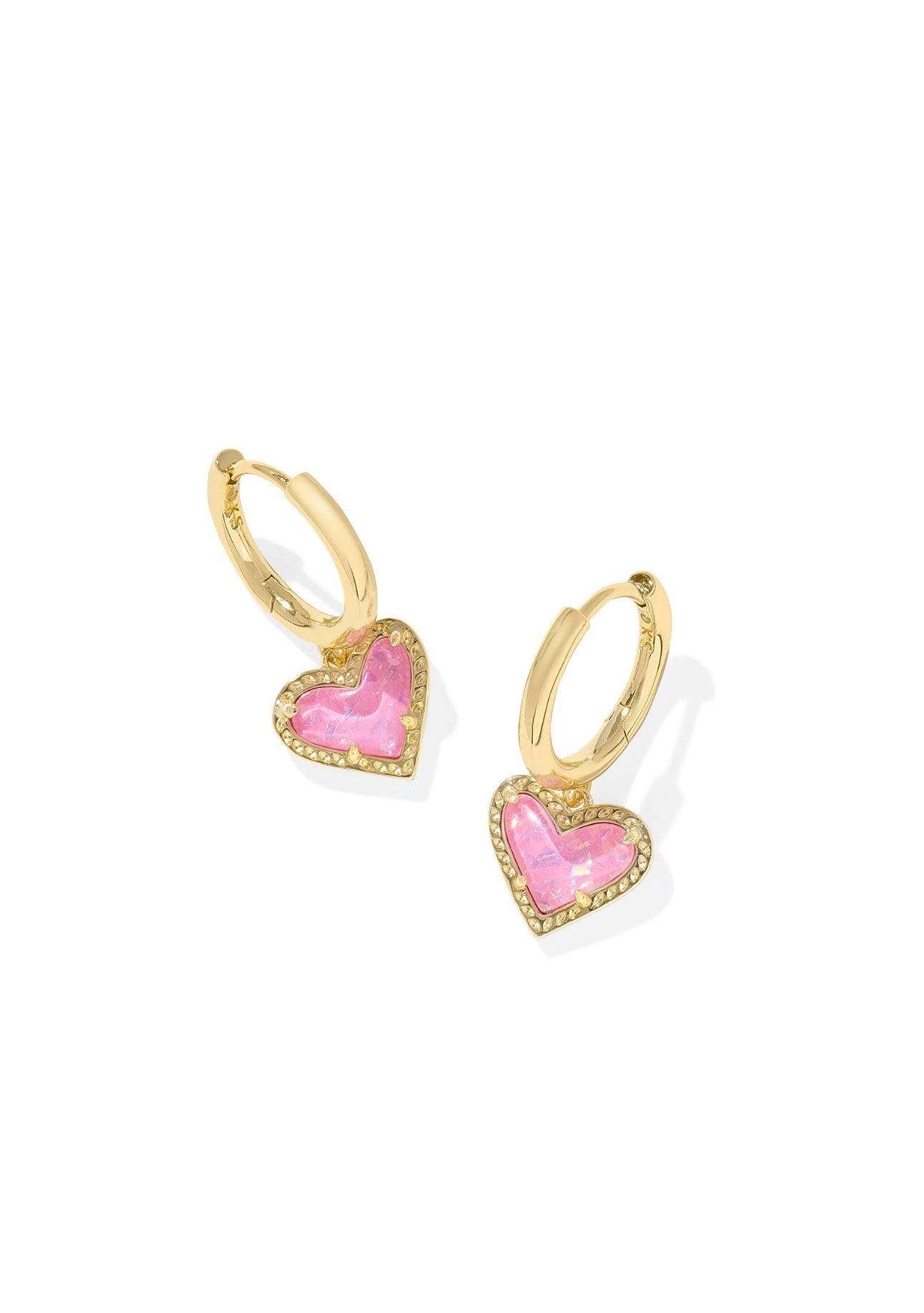 Ari Pink Iridescent Glitter Glass Heart Gold Huggie Earrings